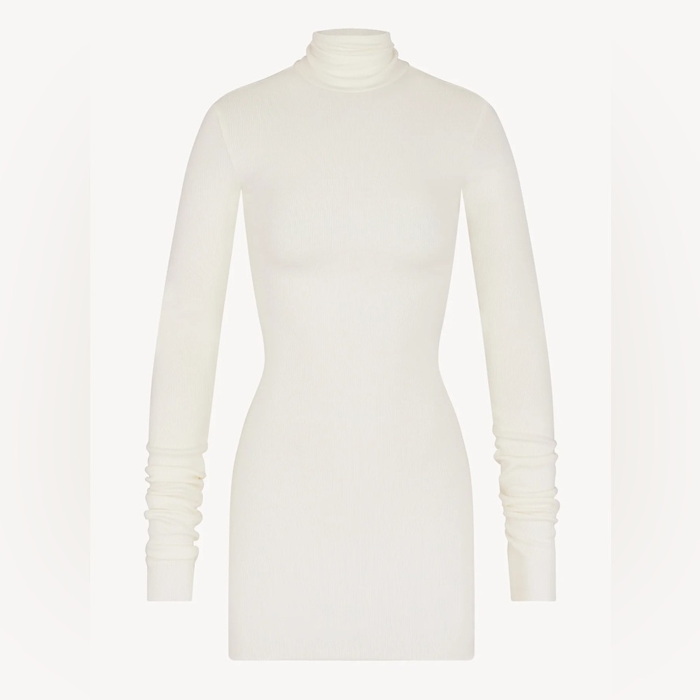 NWT ETERNE SZ M Bodycon Buttery Long Sleeve Turtleneck Mini Dress Cream $195 - Picture 2 of 7